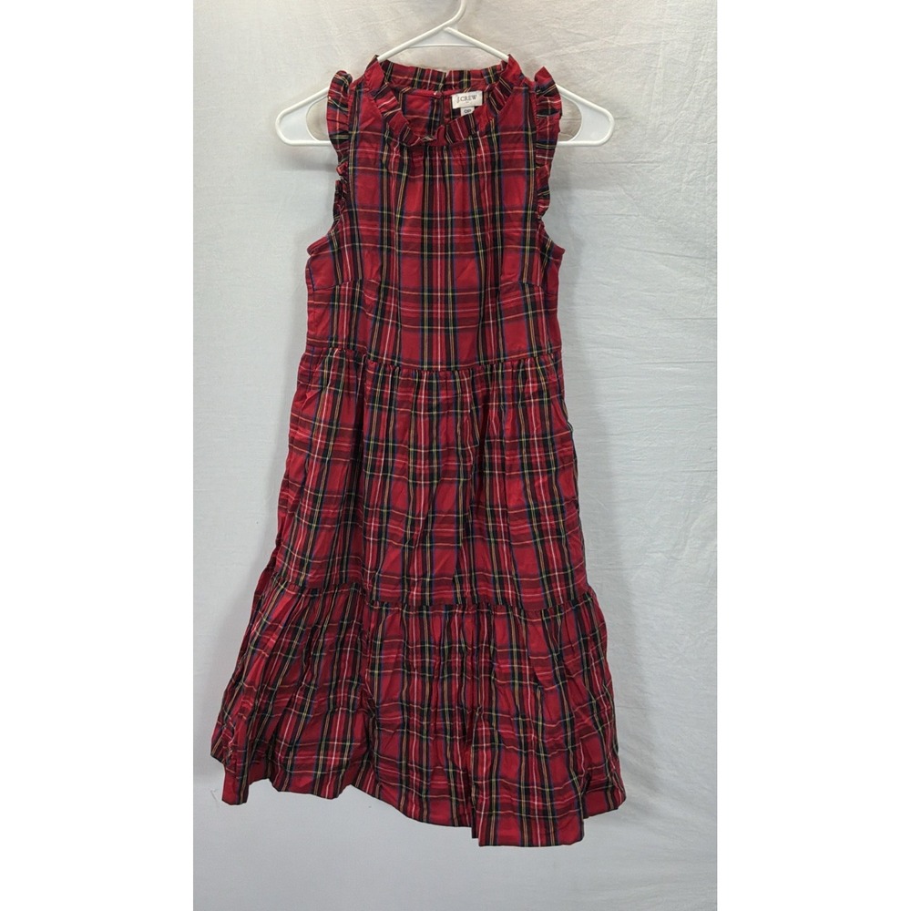 J. Crew Red Tartan Plaid Holiday Midi Dress Ruffle Neck Sleeveless Womens Sz 0P